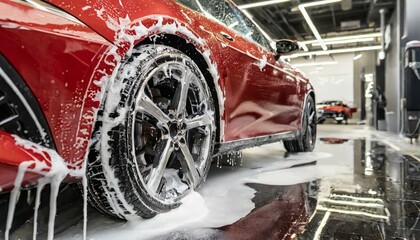 Sport red car in washing service with soap foam - obrazy, fototapety, plakaty