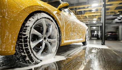Sport yellow car in washing service with soap foam - obrazy, fototapety, plakaty
