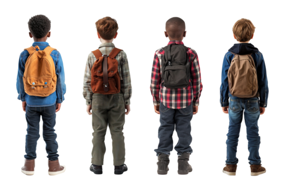 Back view full body shot of different multi ethnic school boys over isolated transparent background