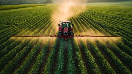 aerial view of a tractor distributing pesticide in a field, a crop farmer in the field with truck	 - obrazy, fototapety, plakaty
