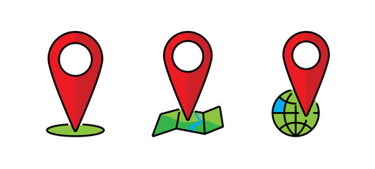 Map pointer icon set. Flat location marker. Vector illustration isolated on white background. EPS 10