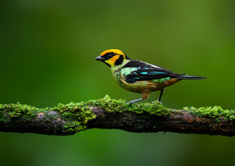 Flame-faced Tanager on mossy  stick against green background