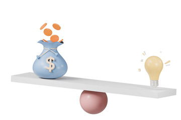 3D Scales compare icon concept. money vs bulb innovation idea. finance business investment education with coins banknote. minimal cartoon design.3D Rendering. Banner, a place for text, copy space.