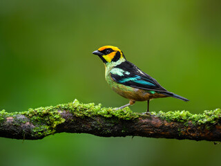 Flame-faced Tanager on mossy  stick against green background