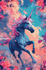 This abstract illustration depicts a unicorn running through a lively field of colourful flowers.