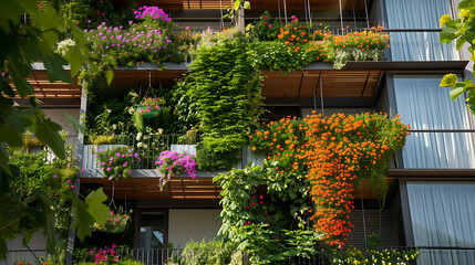 Fototapeta na wymiar Exuberante vegetação verde desce pelas varandas de prédios urbanos criando um vibrante tapete contra o cenário da cidade