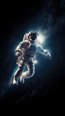 Astronaut spaceman do spacewalk while working for space station in outer space. Man in a spacesuit in outer space. Science fiction fantasy. Cosmonautics day concept. Vertical Banner