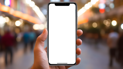 Hand Holding Smartphone with transparent Screen on City Background.  Close-up of a hand holding a smartphone with a blank screen, ready for your content, against a blurred city lights background.