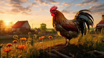 Colorful Hen in a Charming Rustic Farmyard Amidst a Playful Group of Curious Goslings - AI-Generative - obrazy, fototapety, plakaty
