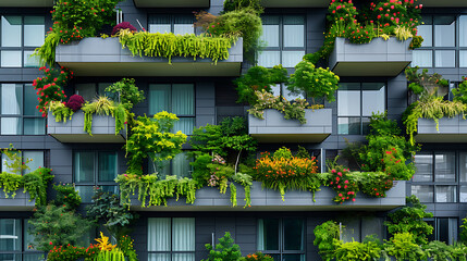Exuberante vegetação verde desce pelas varandas de prédios urbanos criando um vibrante tapete contra o cenário da cidade - obrazy, fototapety, plakaty