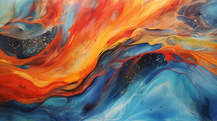 Abstract Orange, Yellow, and Blue Watercolor Painting Texture Background with Liquid Metal and Flowing Lines in Dark Turquoise and Light Red