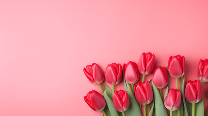 beautiful bunch of light red tulips flowers on decent pastel red background - the background offers lots of space for text	