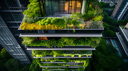 Vegetação exuberante cascata sobre a borda de um prédio moderno e elegante criando um vibrante contraste contra o pano de fundo de concreto