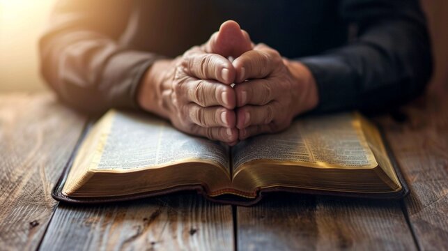 Man hands praying to god on the open bible on a wooden table. begging for forgiveness and believing in goodness. Pray for god blessing to wish to have a better life and life to be out of the crisis ph