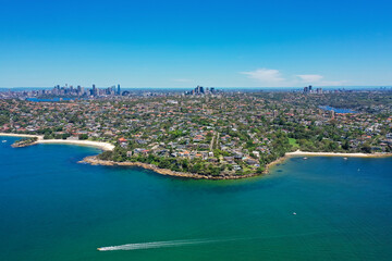 High angle aerial drone view of Edwards Beach and Chinamans Beach in the suburb of Mosman, Sydney,...