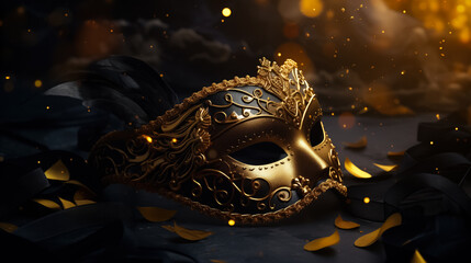 Festive Golden Masquerade Mask for Carnival. On a Dark Background with a Yellow Bokeh Glow. Elegant Festival Decor. Holiday Pageant and Mardi Gras Concept. - obrazy, fototapety, plakaty