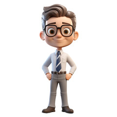 3d art, teacher, manager, funny cartoon scientist with glasses