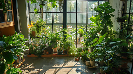 Vegetação exuberante preenche o ambiente acolhedor criando uma atmosfera tranquila e revigorante  A luz solar se filtra pelas grandes janelas lançando um brilho suave sobre o próspero jardim interno