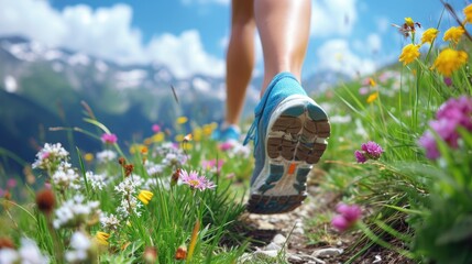 jogger on a trail through a vibrant meadow with wildflowers generative ai