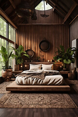 A relaxing nature concept bed using a soft mattress with ornamental plants beside the bed and shady trees visible through the glass. Created with Generative AI.