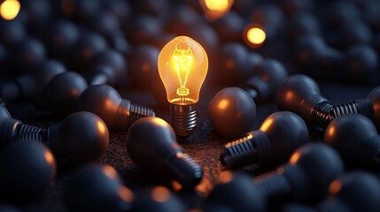 One of Lightbulb glowing among shutdown light bulb in dark area with copy space for creative thinking , problem solving solution and outstanding concept by 3d rendering technique photography