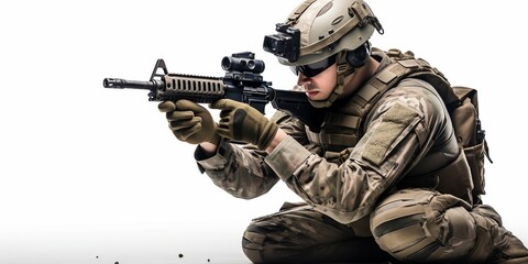Future technology, neural network, fidget helmet,  soldier in uniform with rifle