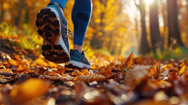 shoes hitting a forest trail covered with fallen leaves generative ai