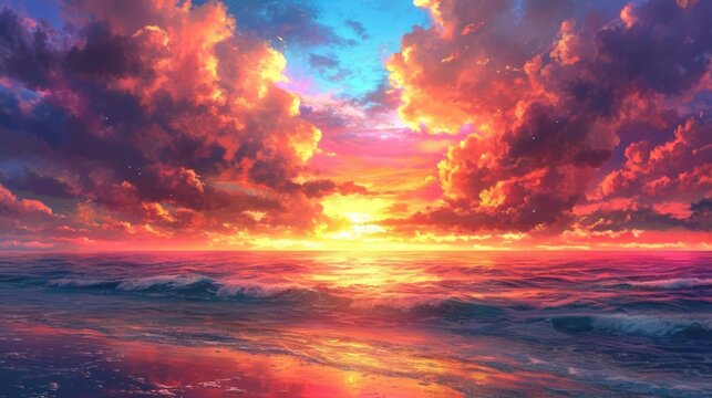 sunset over the ocean, with hues of orange and pink blending in the sky, manga style generative ai