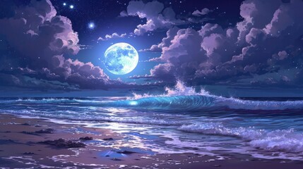 Moonlit beach with crashing waves, framed by manga style clouds generative ai