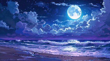 Moonlit beach with crashing waves, framed by manga style clouds generative ai
