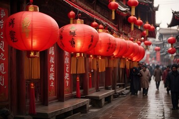 Vibrant chinese Lanterns Adorning Festive Streetscape, Lunar new year decoration