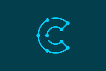 C initial letter logo design with circuit illustration shape line style, modern technology engineering icon symbol. - obrazy, fototapety, plakaty