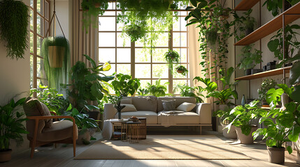 Fototapeta na wymiar A exuberante vegetação enche a ampla sala de estar iluminada pelo sol criando um oásis refrescante em meio ao burburinho urbano