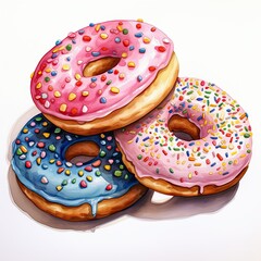 Three watercolor donuts with sprinkles on white background, dessert illustration