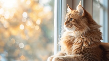 Portrait of a long-haired cat sitting on a windowsill and looking outside