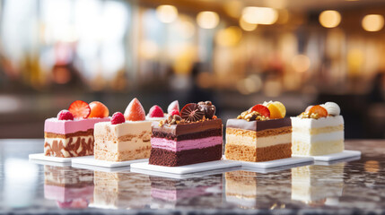 Three different layered frosted miniature cakes close up decorated with berries in a cafe or patisserie, blurred background - obrazy, fototapety, plakaty