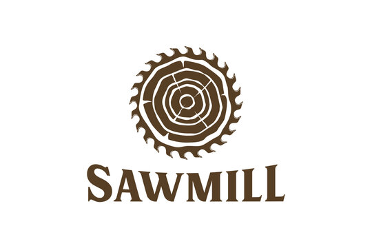 Logo illustration of a circular saw in the middle of a wooden log symbol, woodworking sawmill industry, cutting down trees and branches, stump removal service.