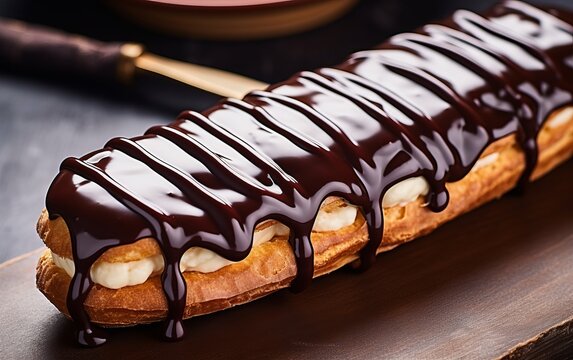 French ecler with chocolate on white plate