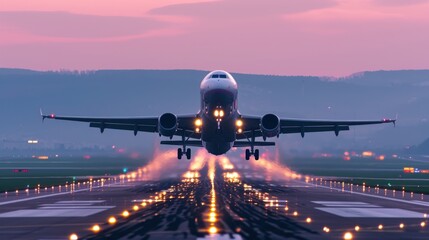 Airplane taking off a runway at twilight - obrazy, fototapety, plakaty