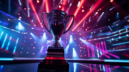 Esports championship trophy displayed on a stage with a dramatic backdrop
