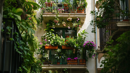 Vegetação exuberante brota de cada janela e sacada envolvendo a paisagem urbana em uma explosão de cores vibrantes e vida