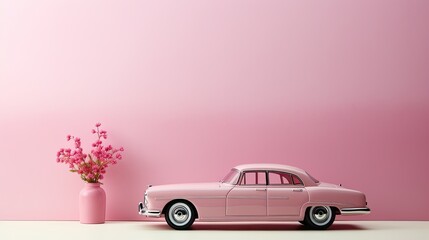 miniature pink retro car with flowers, the proportions of the car, gift box and flowers match to create a sense of realism in a miniature setting.