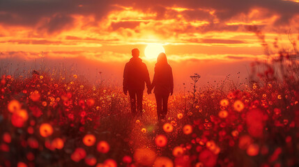 Couple holding hands during a sunset walk. AI generated image