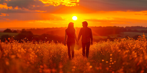 Couple holding hands during a sunset walk. AI generated image