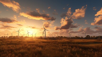 wind farm during golden hour to achieve warm and soft lighting. The sunset sky with clouds creates a picturesque backdrop of natural beauty to the bird's eye view.
