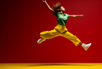 dancer in action.Minimal creative art and performance concept.Top view,copy space.Generative AI