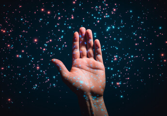 Hand with sparkling dots of neon light.Minimal creative fashion and party concept.Flat lay,top view,copy space.Generative Ai