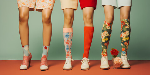 A group of women's legs in a row.Minimal creative fashion and social concept.Copy space,top view.Generative AI