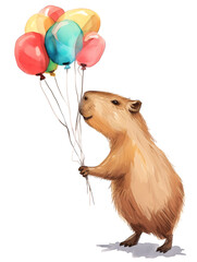 Cute capybara standing and holding a bunch of colorful balloons in celebration, showing joy, festivity, and happiness