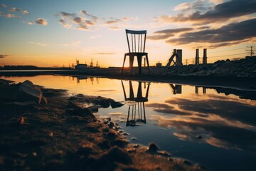 Chair on Beach by Water, Relaxing View of Nature and Calm Relaxation by Ocean